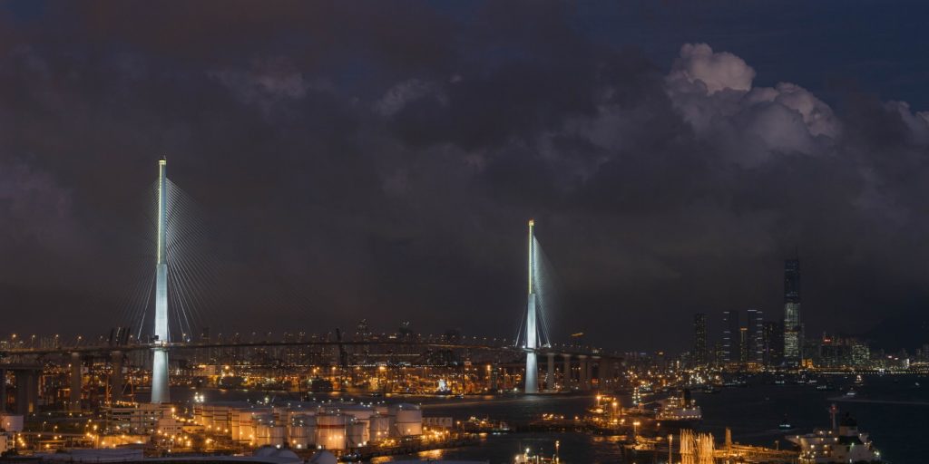 Stonecutters bridge at night, Hong Kong